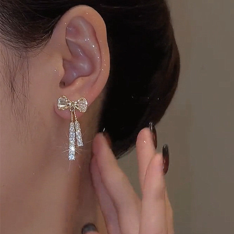 Gold Butterfly Bow Earrings with Rhinestones for Women