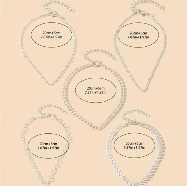 5Pcs Bohemian Heart Chain Anklets Set for Women Summer Beach Jewelry