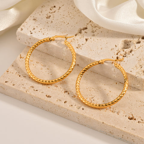 18K Gold-Plated Textured Round Hoop Earrings for Women