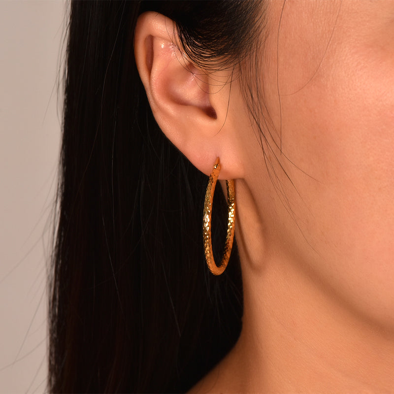 18K Gold-Plated Textured Round Hoop Earrings for Women - 7