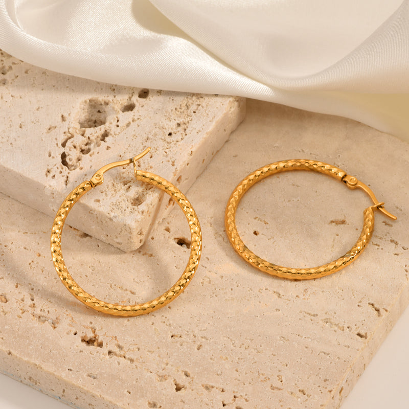 18K Gold-Plated Textured Round Hoop Earrings for Women - 8
