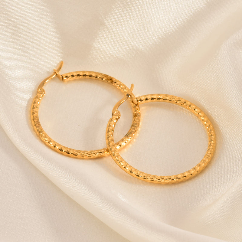 18K Gold-Plated Textured Round Hoop Earrings for Women - 9