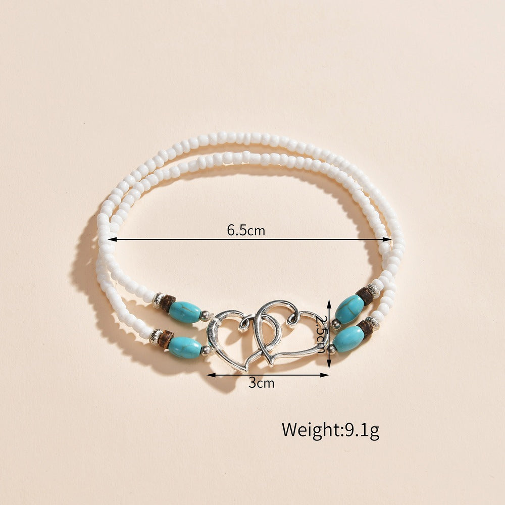 Double Heart Turquoise Bead Elastic Anklet for Summer Beach Style