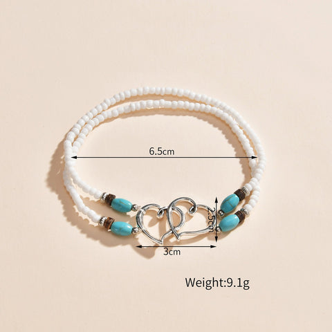 Double Heart Turquoise Bead Elastic Anklet for Summer Beach Style