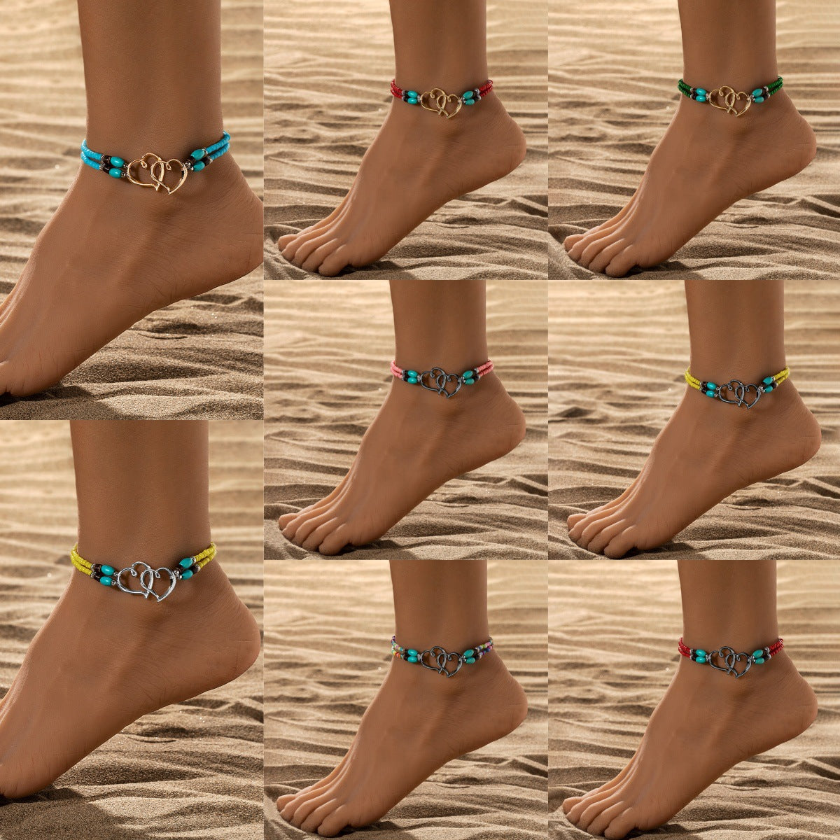 Double Heart Turquoise Bead Elastic Anklet for Summer Beach Style
