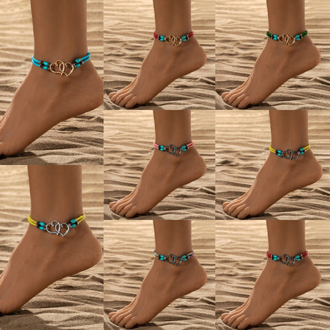 Double Heart Turquoise Bead Elastic Anklet for Summer Beach Style