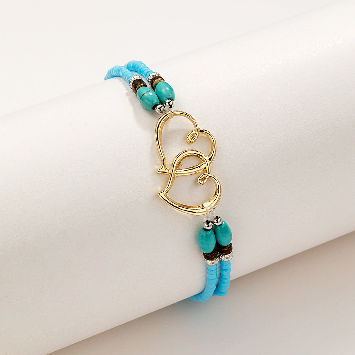 Double Heart Turquoise Bead Elastic Anklet for Summer Beach Style
