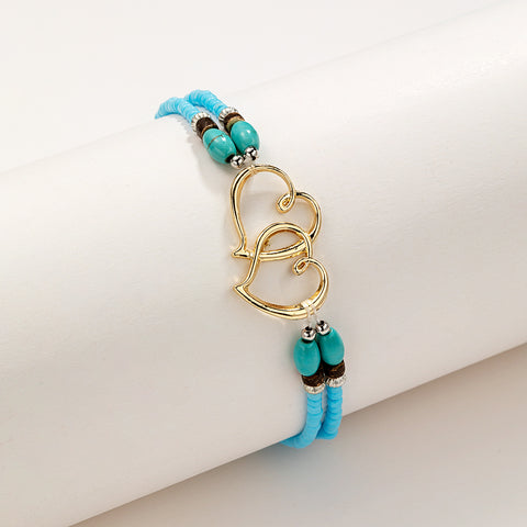 Double Heart Turquoise Bead Elastic Anklet for Summer Beach Style