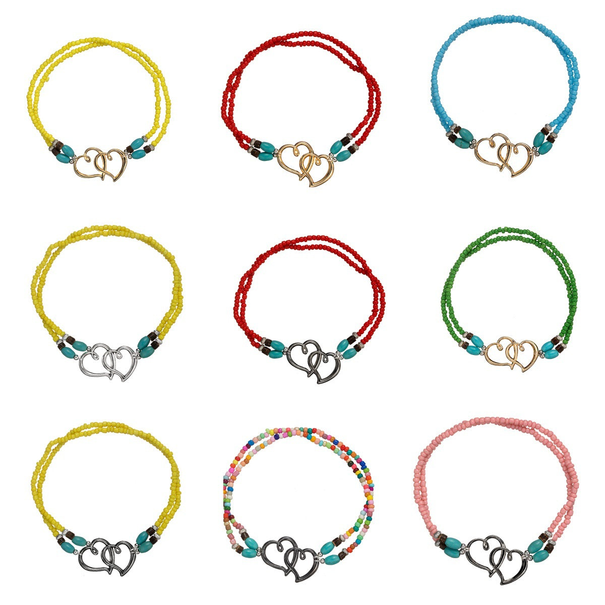 Double Heart Turquoise Bead Elastic Anklet for Summer Beach Style