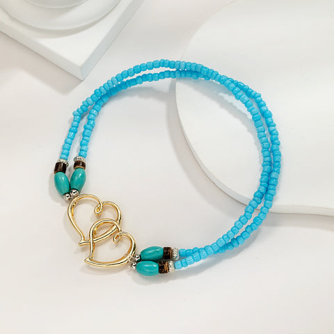 Double Heart Turquoise Bead Elastic Anklet for Summer Beach Style