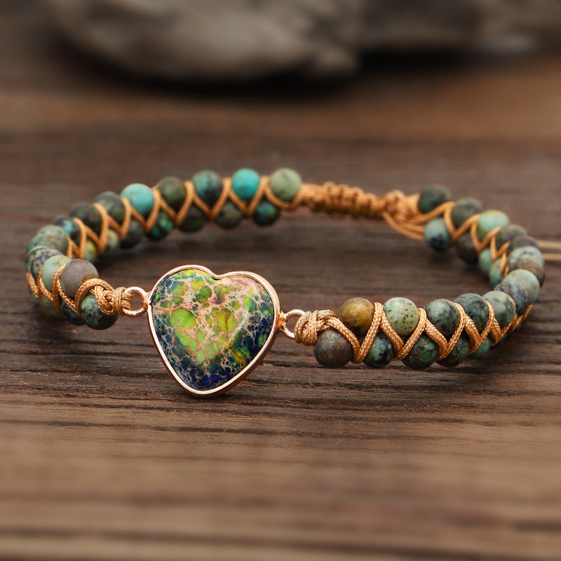 Handmade Woven Stone Heart Bracelet Adjustable Unisex