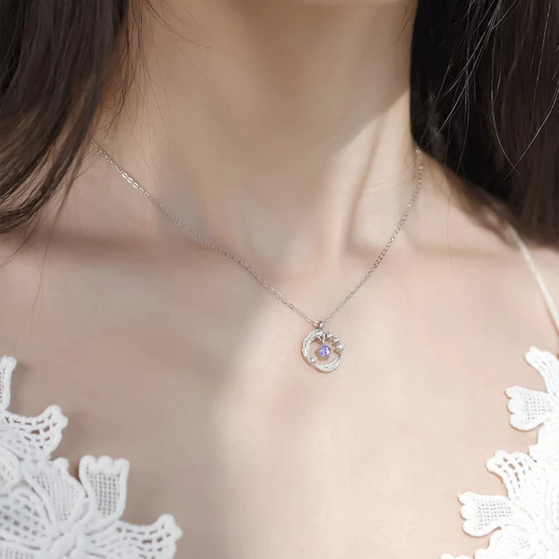 925 Silver Plated Feather Pendant Necklace with Moonstone Bead