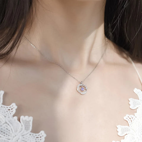 925 Silver Plated Feather Pendant Necklace with Moonstone Bead