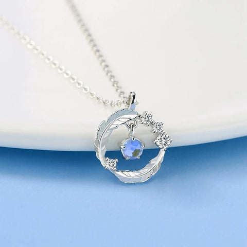 925 Silver Plated Feather Pendant Necklace with Moonstone Bead