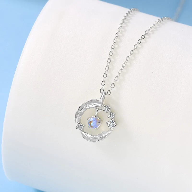 925 Silver Plated Feather Pendant Necklace with Moonstone Bead
