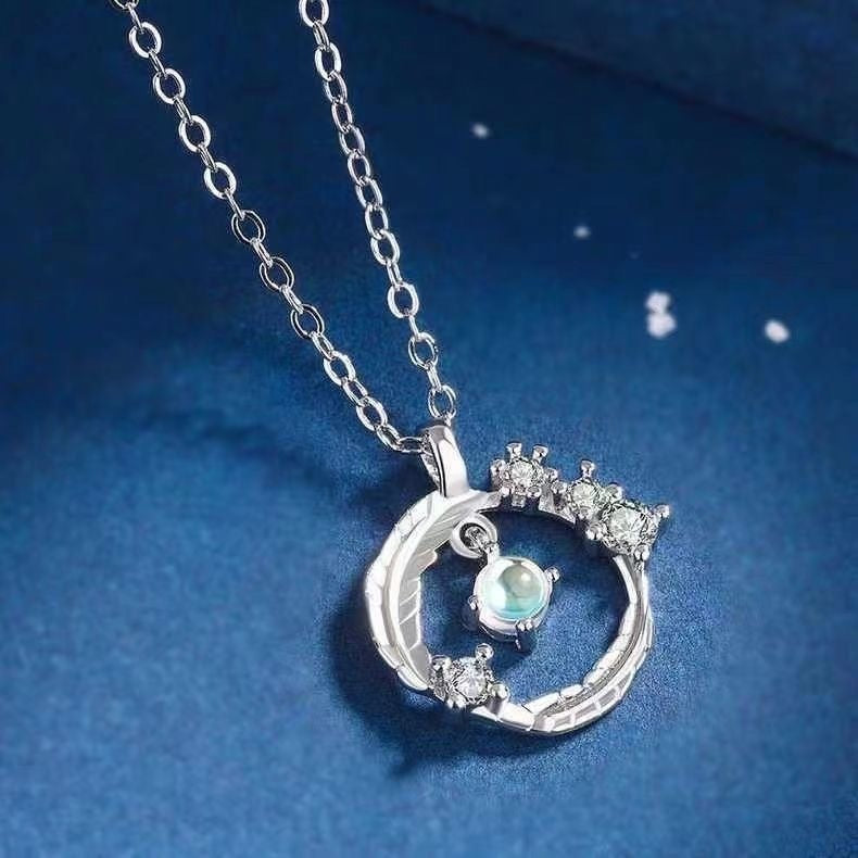 925 Silver Plated Feather Pendant Necklace with Moonstone Bead