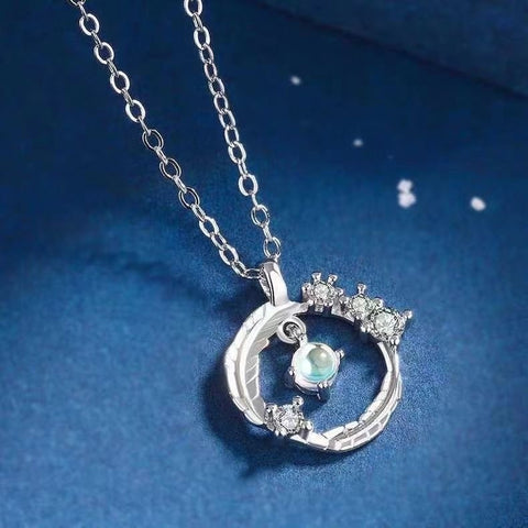 925 Silver Plated Feather Pendant Necklace with Moonstone Bead