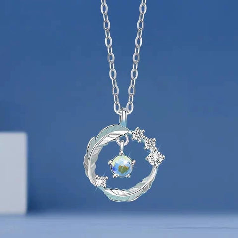 925 Silver Plated Feather Pendant Necklace with Moonstone Bead