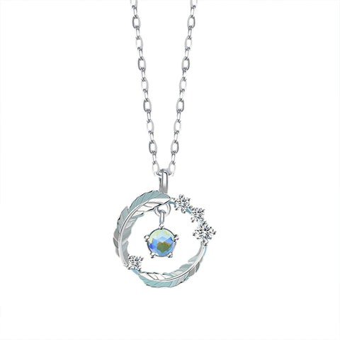 925 Silver Plated Feather Pendant Necklace with Moonstone Bead