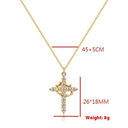 Rotatable Cross and Crown Copper Necklace with Full Diamond Detail - 3