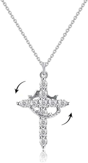 Rotatable Cross and Crown Copper Necklace with Full Diamond Detail - 4