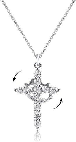 Rotatable Cross and Crown Copper Necklace with Full Diamond Detail