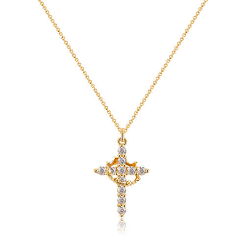Rotatable Cross and Crown Copper Necklace with Full Diamond Detail