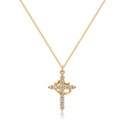 Rotatable Cross and Crown Copper Necklace with Full Diamond Detail
