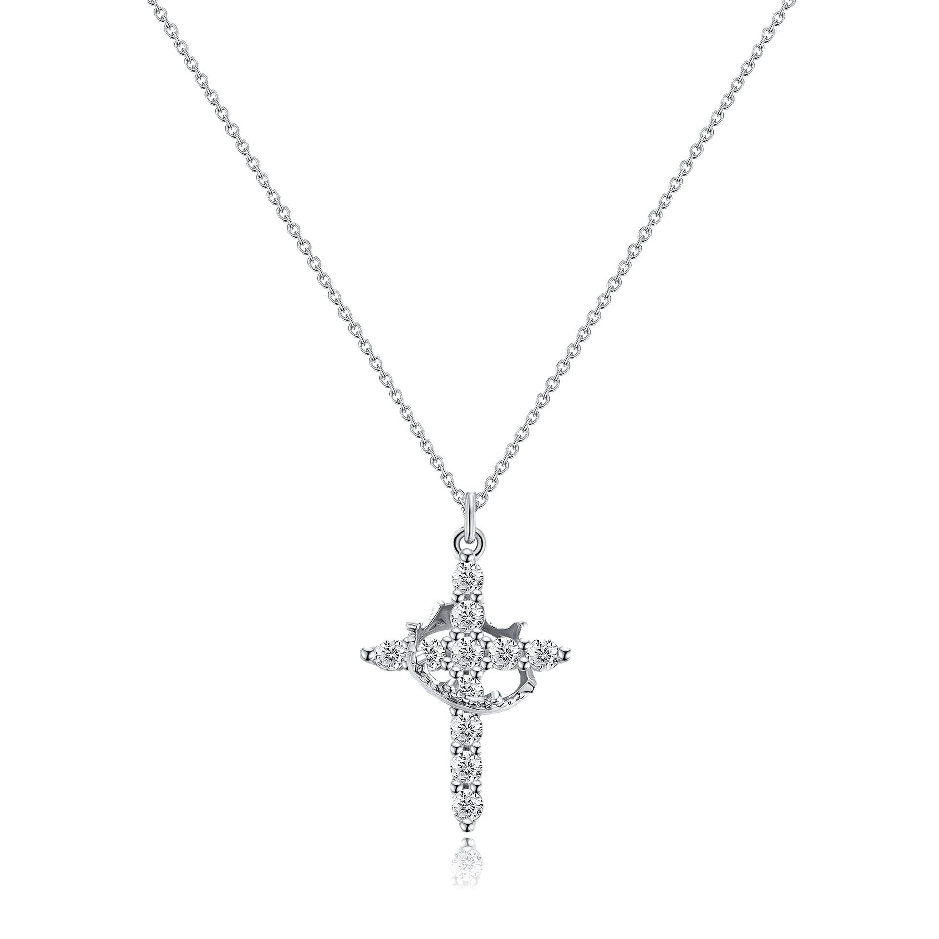 Rotatable Cross and Crown Copper Necklace with Full Diamond Detail