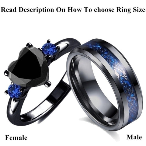 Black Heart Gemstone Alloy Wedding Ring Set