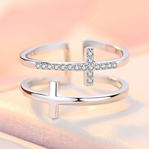 Double Cross Adjustable Copper Ring with Zircon Inlay