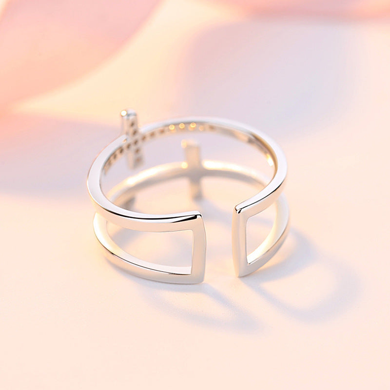Double Cross Adjustable Copper Ring with Zircon Inlay - 2