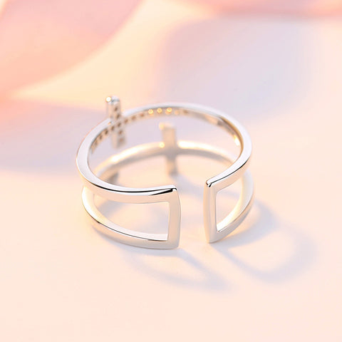 Double Cross Adjustable Copper Ring with Zircon Inlay
