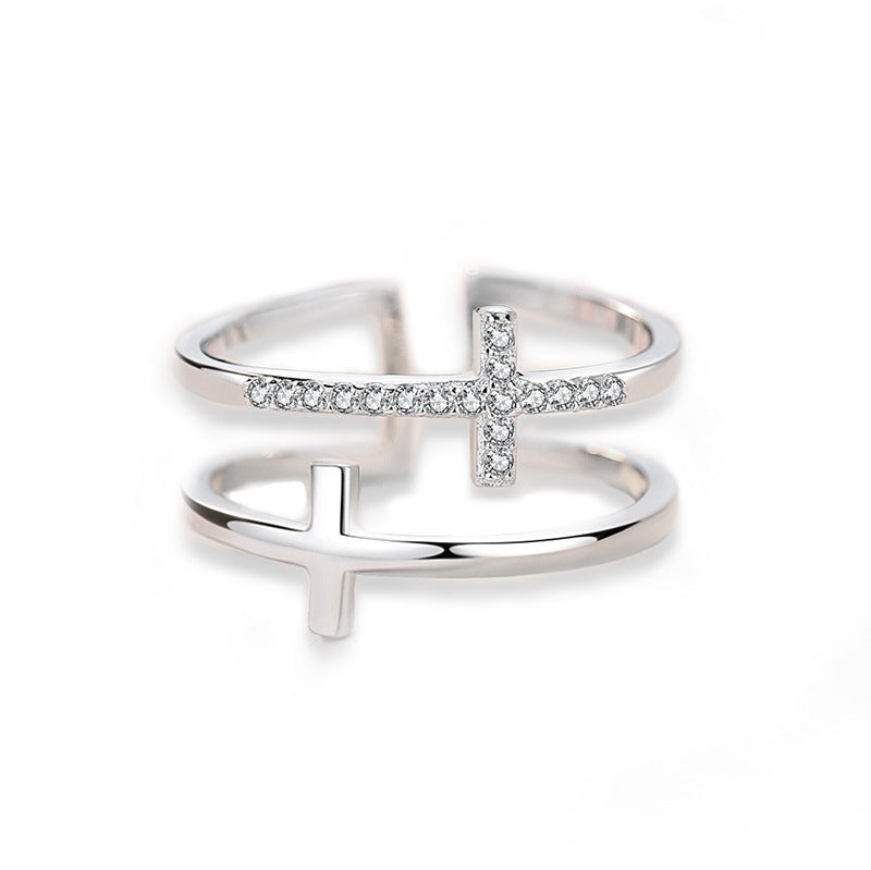 Double Cross Adjustable Copper Ring with Zircon Inlay