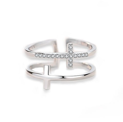 Double Cross Adjustable Copper Ring with Zircon Inlay