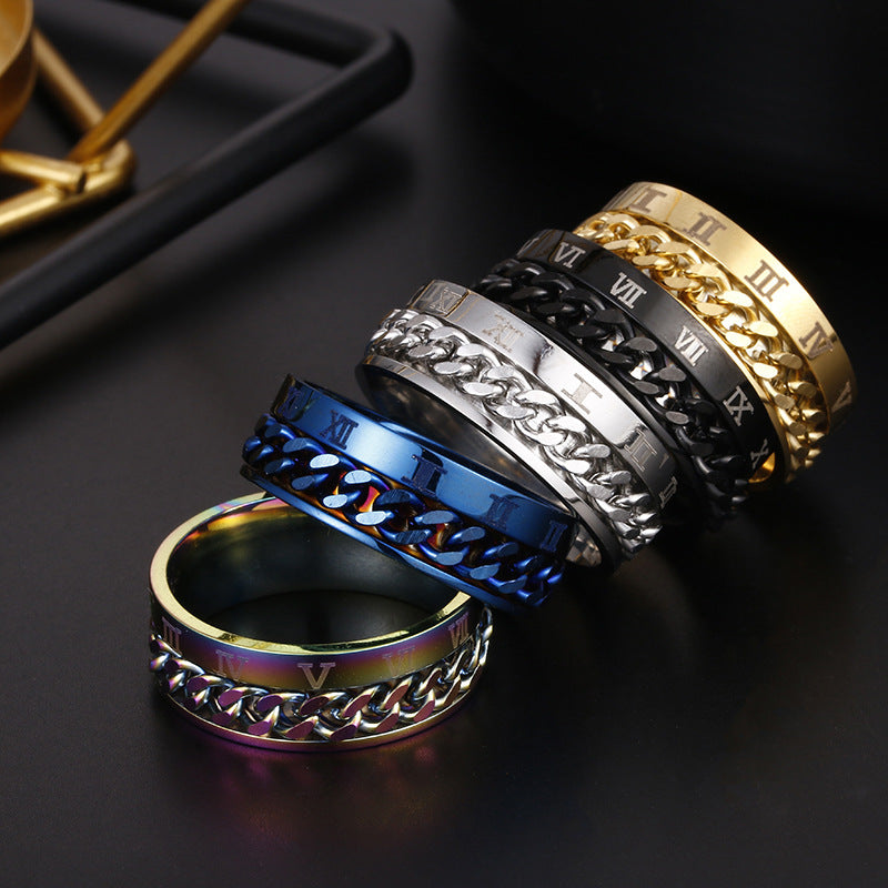Men's Rotatable Roman Numeral Titanium Steel Ring with Bottle Opener - 2