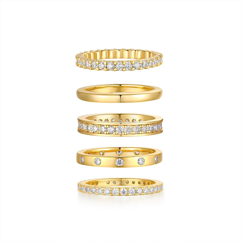 1Golden Stars S925 Sterling Silver Moissanite Ring Set Modern Elegant Gold-Plated Stackable Rings - 1