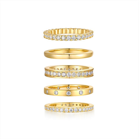 1Golden Stars S925 Sterling Silver Moissanite Ring Set Modern Elegant Gold-Plated Stackable Rings