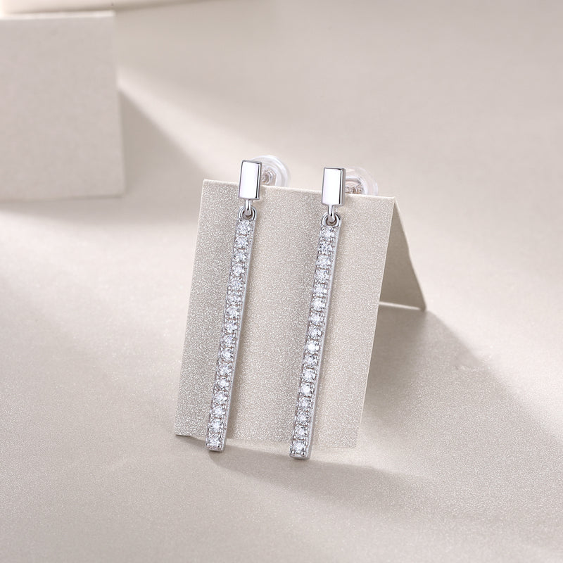 Moissanite Silver Stud Earrings Luxury Long Bar Design - 3