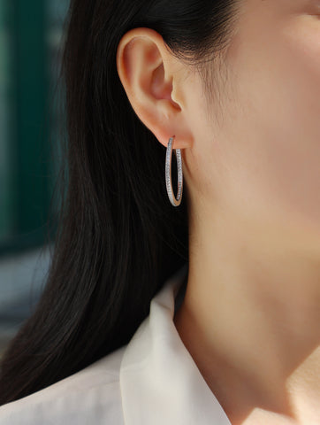 1Moon Sea Sterling Silver Hoop Earrings with Moissanite Accents Modern Elegant Fine Jewelry