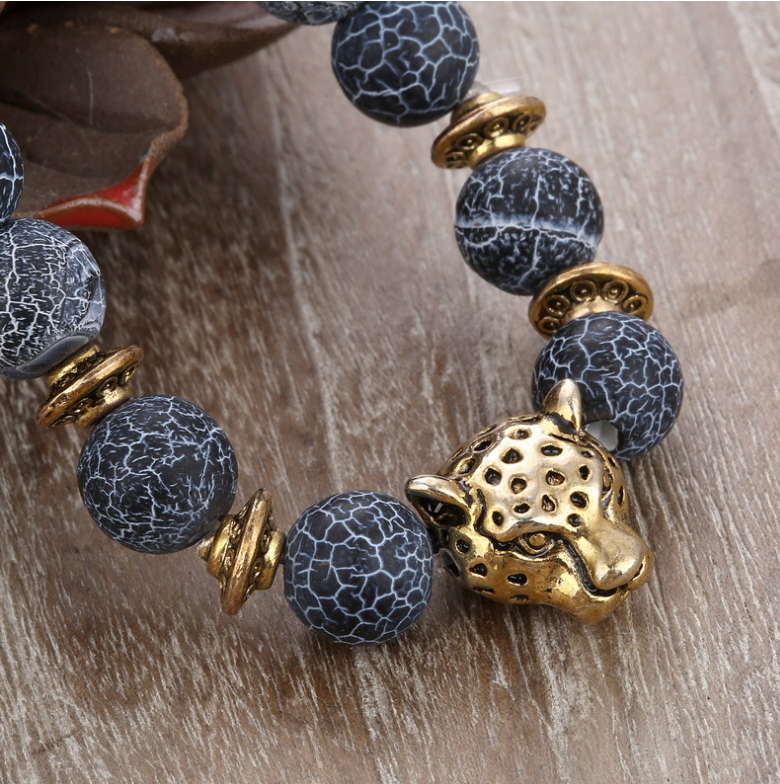 Black Agate Beaded Bracelet with Alloy Leopard Head - 1