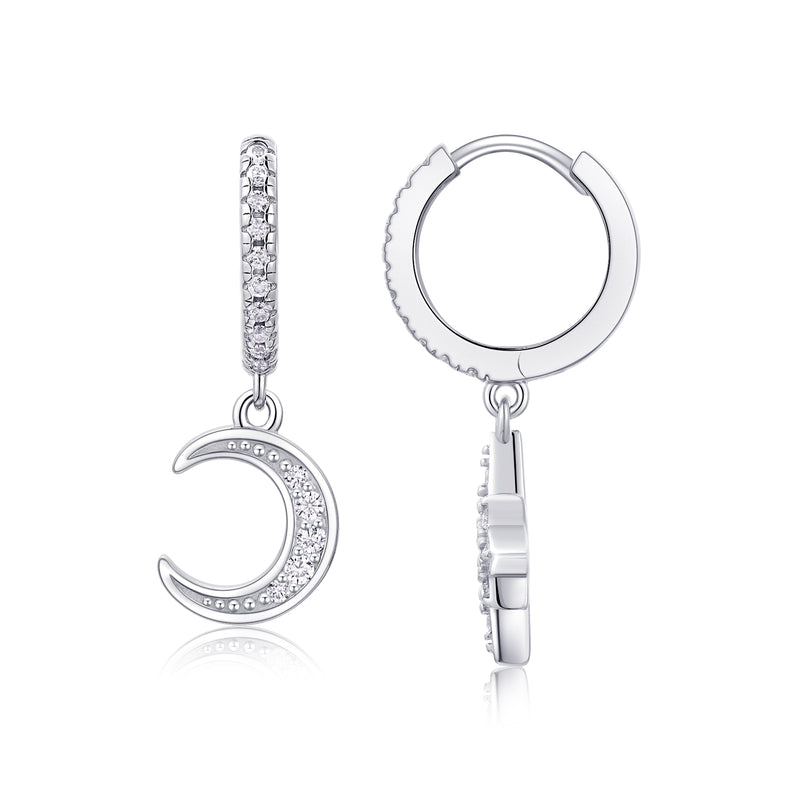 S925 Sterling Silver Star and Moon Moissanite Earrings Huggie Set - 2