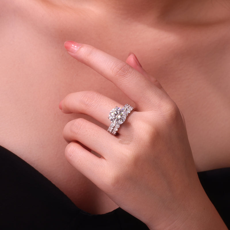 1Time Vow S925 Sterling Silver Moissanite Ring Set with 5-Carat Center Stone Elegant Modern Design - 2