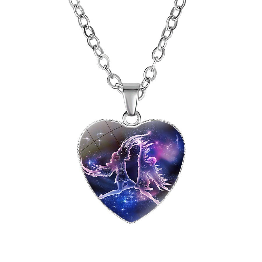 Womens Zodiac Heart Pendant Necklace with 12 Constellations