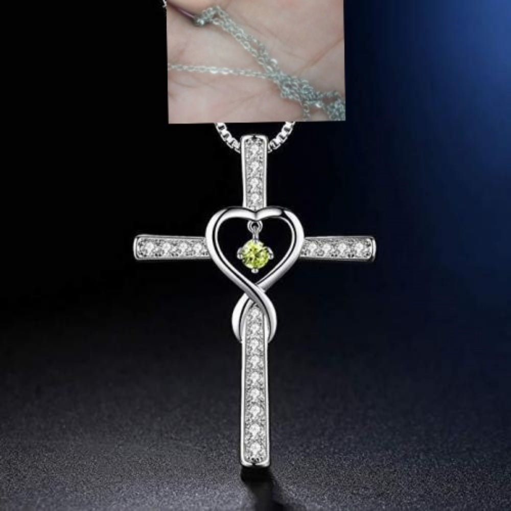 Gold Plated Christian Cross Pendant Necklace with Birthstone Crystal
