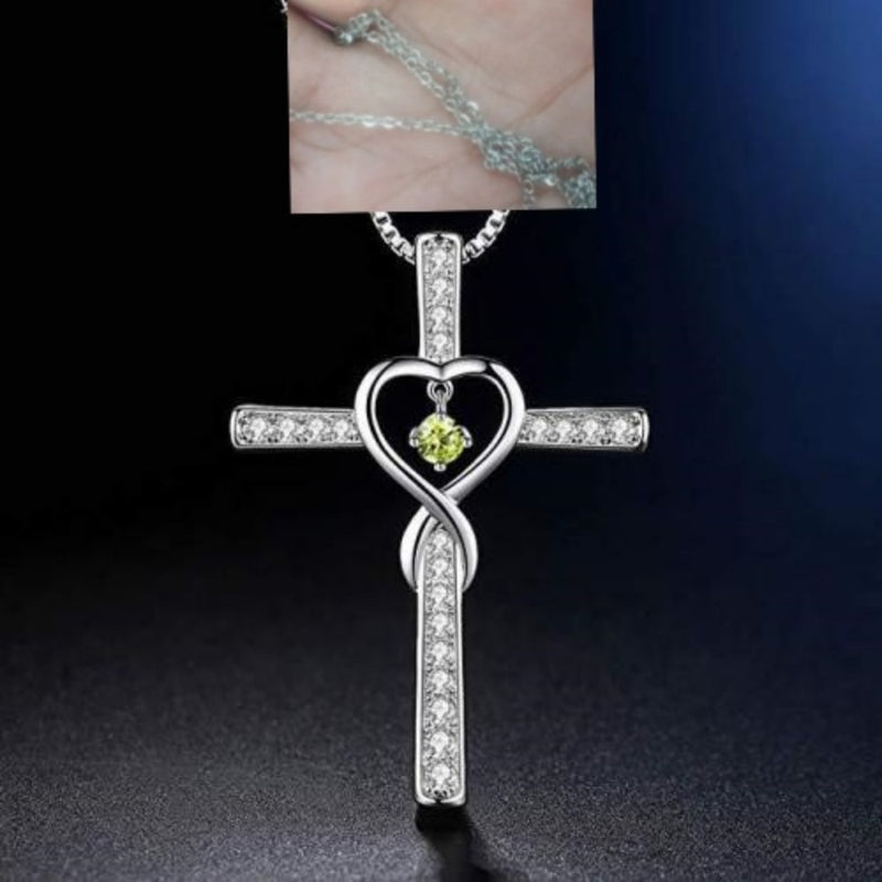 Gold Plated Christian Cross Pendant Necklace with Birthstone Crystal - 13