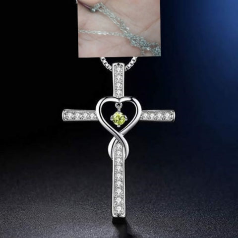 Gold Plated Christian Cross Pendant Necklace with Birthstone Crystal