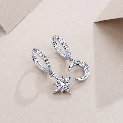 S925 Sterling Silver Star and Moon Moissanite Earrings Huggie Set