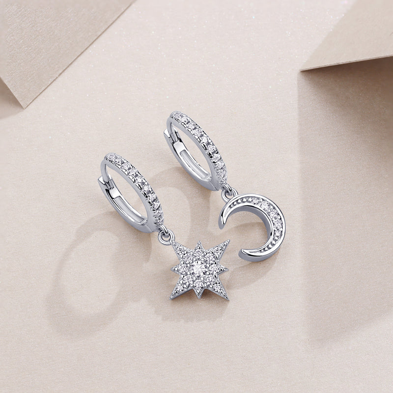 S925 Sterling Silver Star and Moon Moissanite Earrings Huggie Set - 3