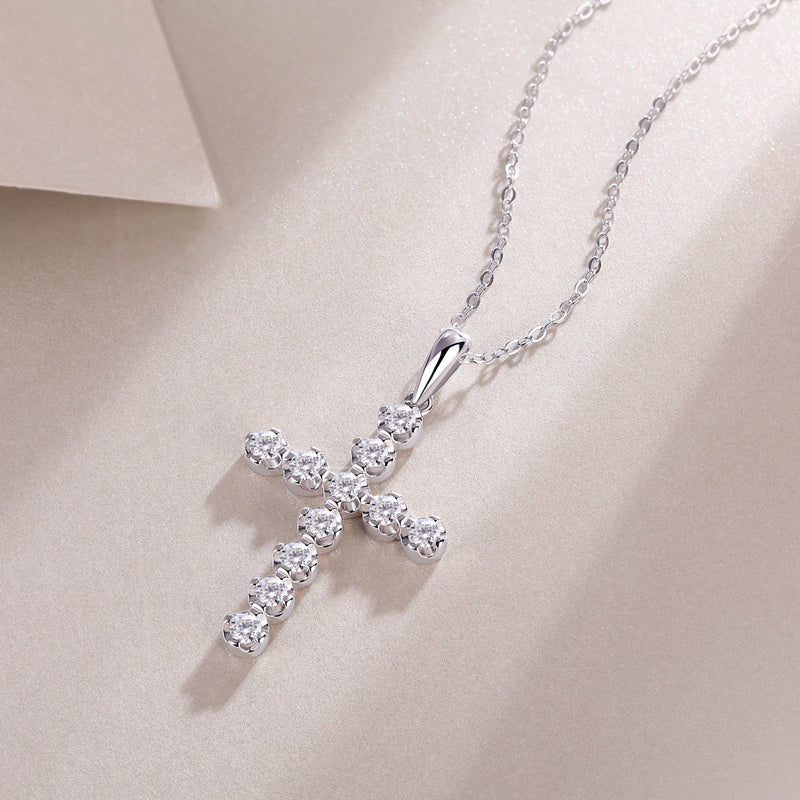 S925 Sterling Silver Cross Pendant Necklace with Sparkling Moissanite Accents - 3